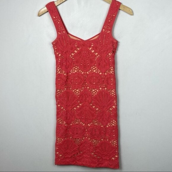 Free People Stretch Lace Pink Tank Dress Bodycon Size Medium / Large Coral Boho - Picture 5 of 8